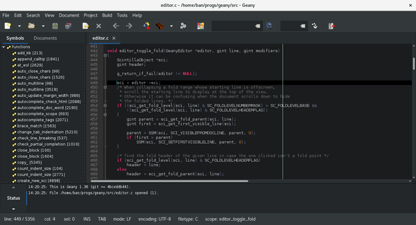 This is the main screen of Geany 1.36 on GNOME/GTK3 dark theme (May 20, 2019)