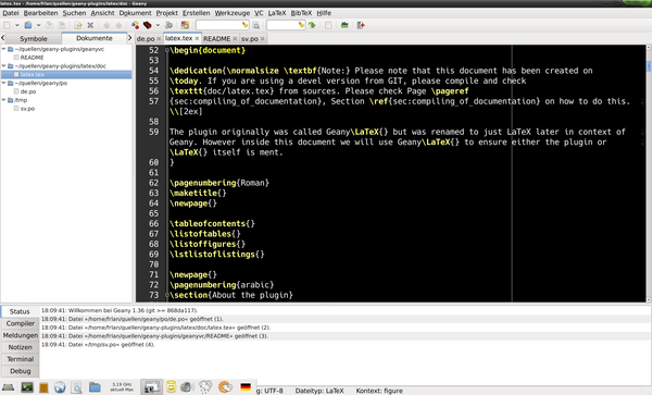 Geany 1.36 with LaTeX plugin enabled (June 04, 2019)