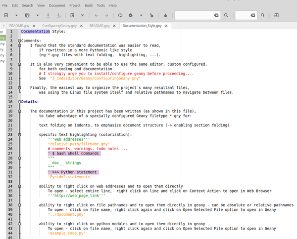 Geany 1.35 with a custom filetype for documentation (May 21, 2019)